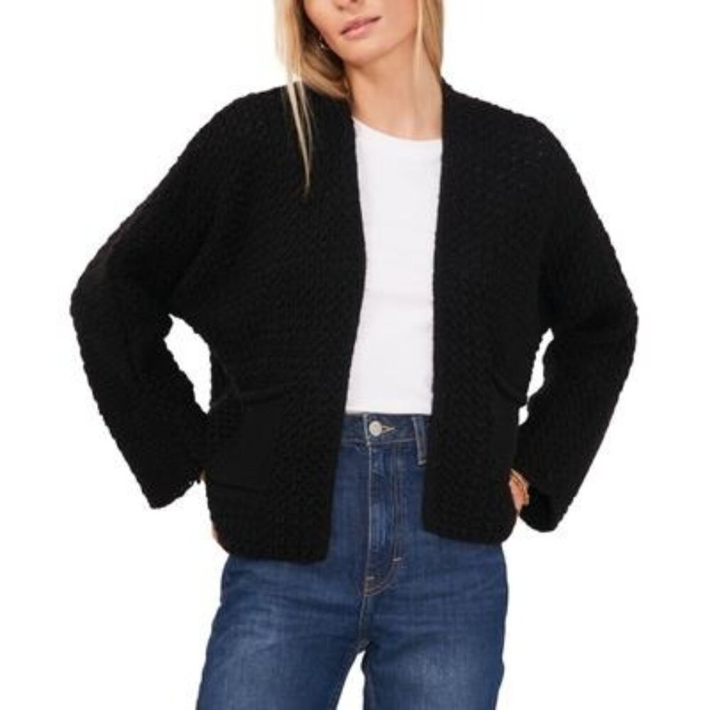 VINCE CAMUTO Womens Black Sheer Pocketed Long Sleeve Open Front Cardigan L